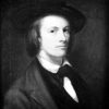 Portrait painting of a young white man with hair over ears wearing a cocked hat shirt vest and bowtie