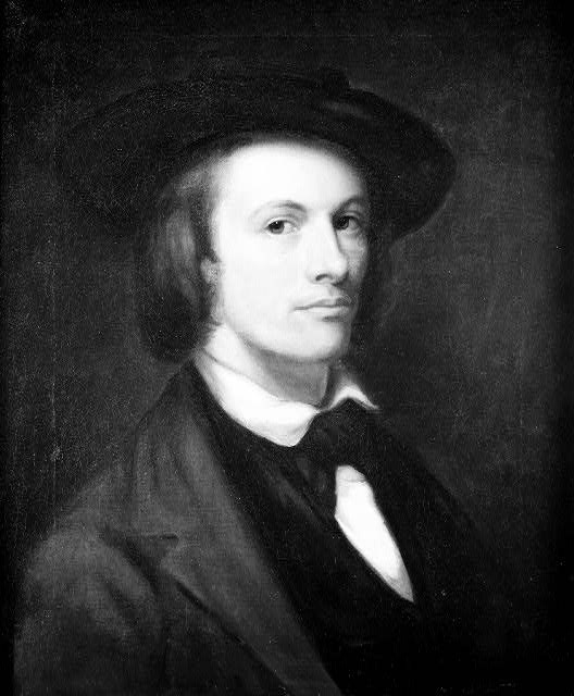 Portrait painting of a young white man with hair over ears wearing a cocked hat shirt vest and bowtie