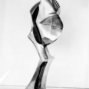 Freestanding cast bronze sculpture abstractly resembling a bent legged body with carved features