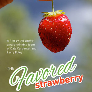 White hand holding strawberry on film poster with green and red text