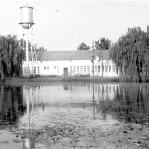 pond with building and water tower with willow trees