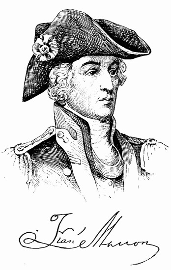 Military portrait line drawing white man large hat and jacket  epaulettes title script "Francis Marion"