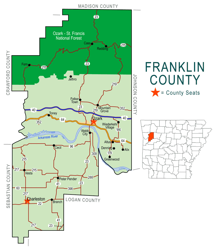 "Franklin County" map with borders roads cities river national forest