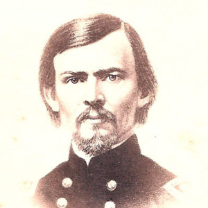 Drawing of white man with mustache and beard in military uniform