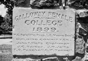 "Galloway female college 1899" engraved block in brick wall