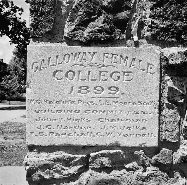 "Galloway female college 1899" engraved block in brick wall