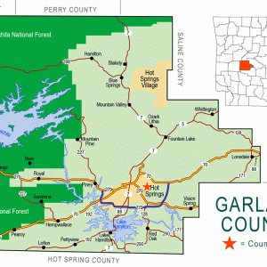 "Garland County" map with borders roads cities waterways national forest