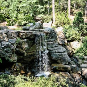 Natural rock waterfall in wooded area