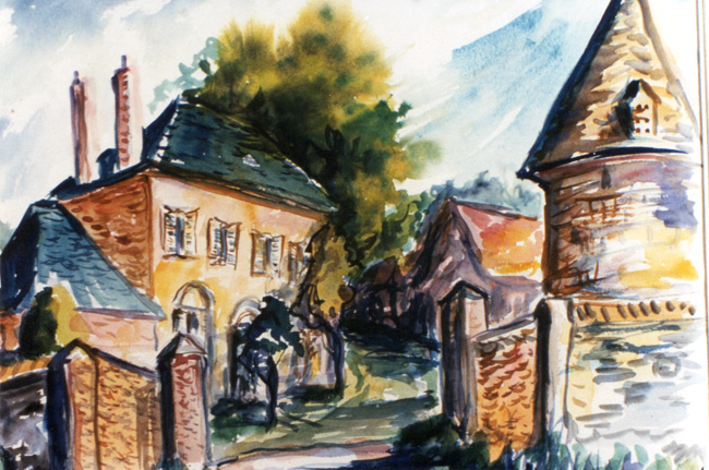 Loose watercolor landscape painting of buildings and road in nature
