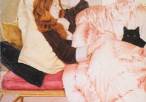 Book cover white woman with red hair and black cat in bed with by pink comforter "Victory over Japan Short Stories by Ellen Gilchrist"