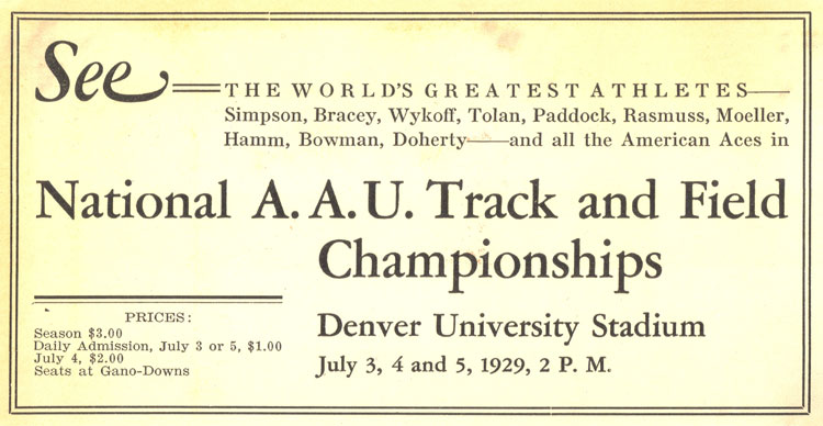 Paper with borders and black text "National A.A.U. Track and Field Championships"
