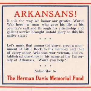 Flyer advertising "Herman Davis Memorial Fund" for monument and scholarship with world war hero portrait