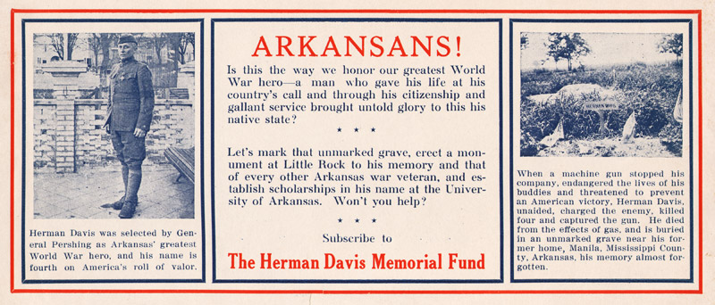 Flyer advertising "Herman Davis Memorial Fund" for monument and scholarship with world war hero portrait