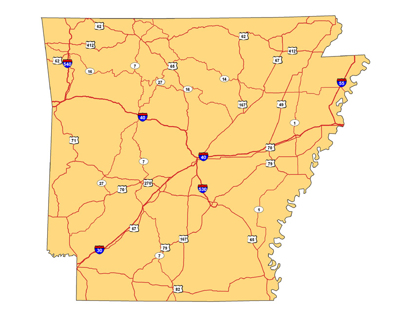 Map of Arkansas showing major roadways