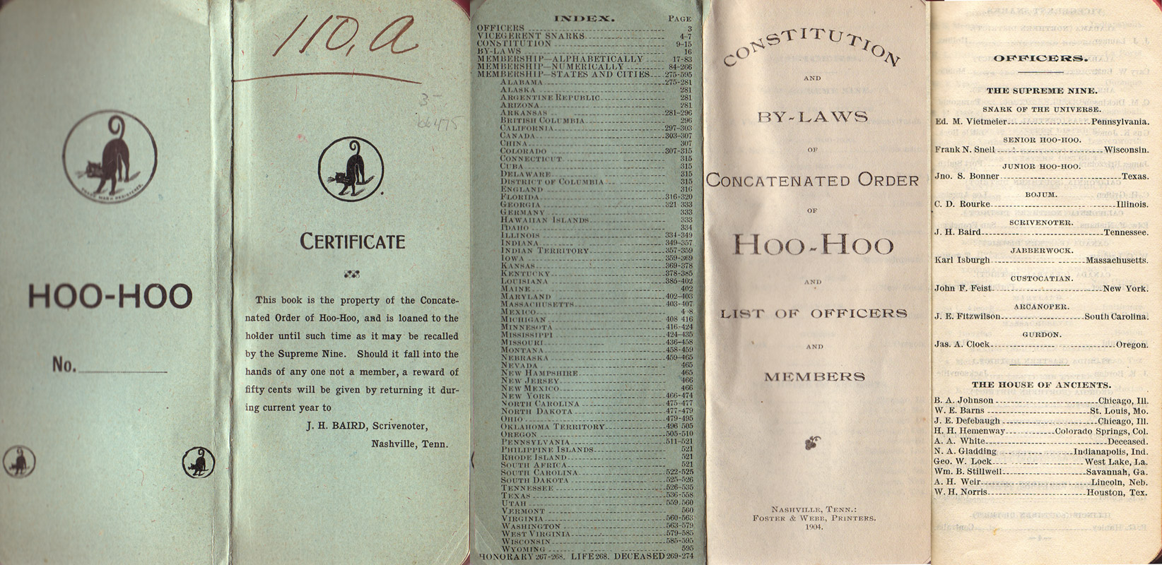 several pages from the "Constitution and By-Laws of Concatenated Order of Hoo-Hoo and List of Officers and Members."