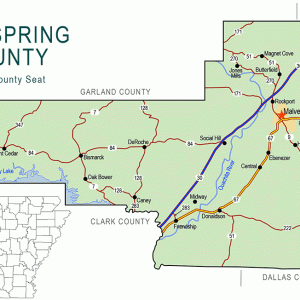 "Hot Spring County" map with borders roads cities waterways wildlife area