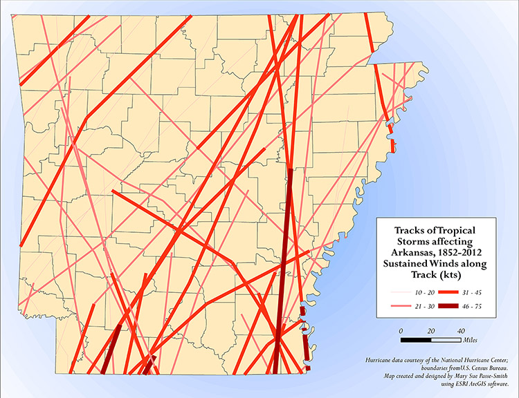 Map of Arkansas counties with crisscrossing red lines