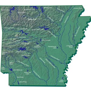 Map showing rivers and lakes in Arkansas
