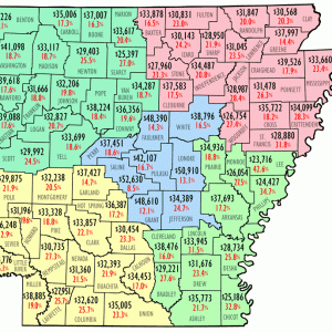 Map of Arkansas with colored sections with income numbers and percentages in each labeled county