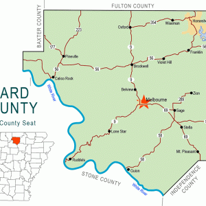 "Izard County" map with borders roads cities waterways