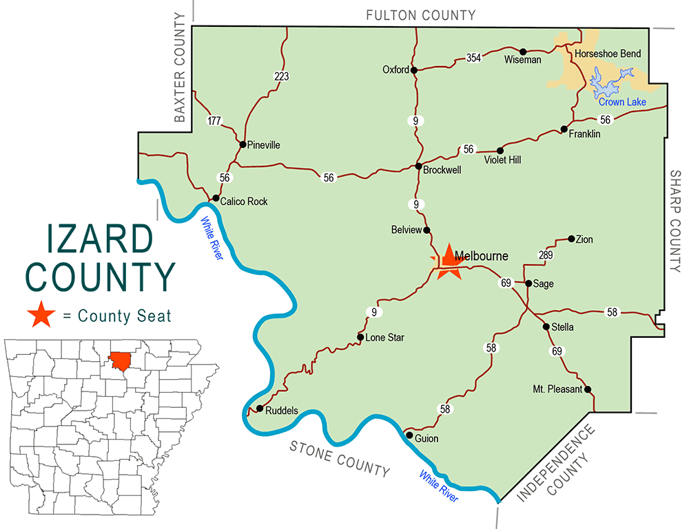 "Izard County" map with borders roads cities waterways