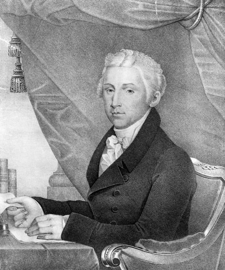 Portrait drawing white man in suit wig seated at desk holding paper