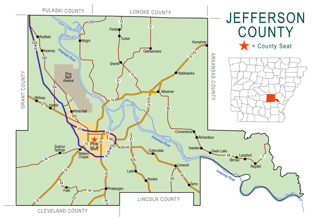 "Jefferson County" map with borders roads cities river "Pine Bluff Arsenal"