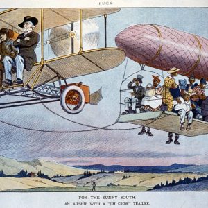 drawing of white people riding a biplane towing blimp carrying group of African American people