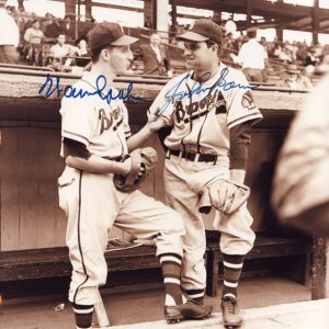 sepia toned photograph signed with blue ink "Warren Spahn Johnny Sain"