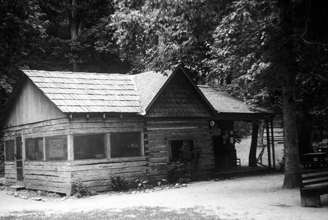Single-story cabin with screened windows and covered porch under a tree