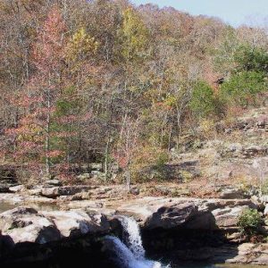 Waterfall and pool of blue water beneath it with tree-covered mountainside in the background