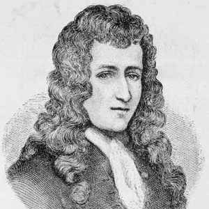 Engraving of white man with long hair in button up coat