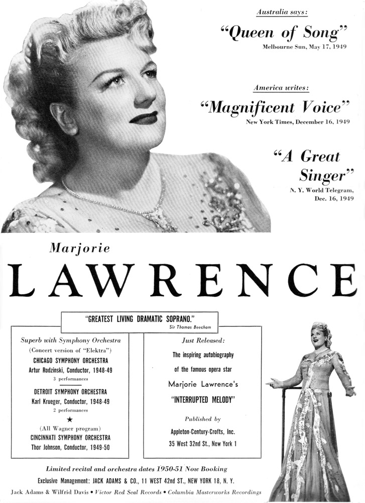 Print promotion for singer Marjorie Lawrence with portraits blurbs tour dates autobiography details