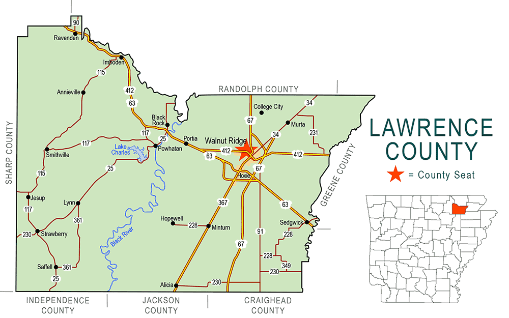 "Lawrence County" map with borders roads cities waterways