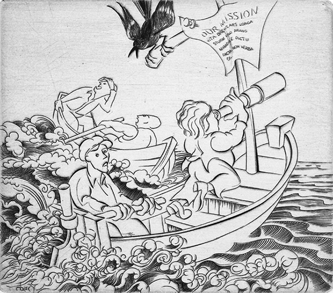 Cartoon depicting two pairs of people, one in a row boat and the other in a sailboat with "Our Mission" written on sail