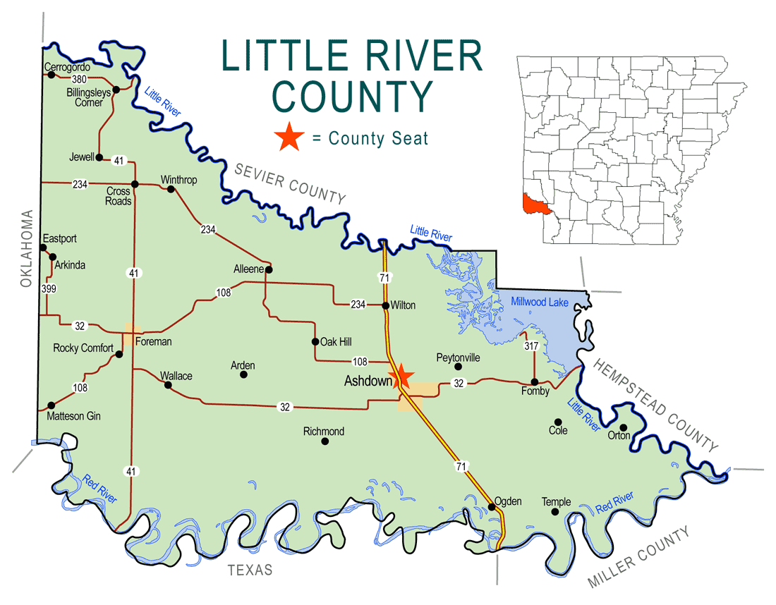 "Little River County" map with borders roads cities waterways