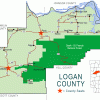 "Logan County" map with borders roads cities national forest