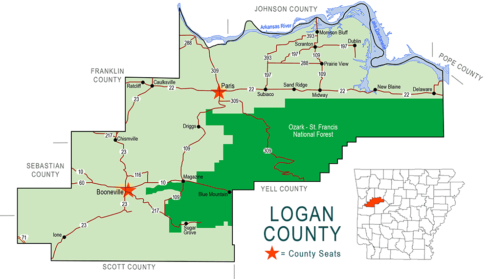 "Logan County" map with borders roads cities national forest