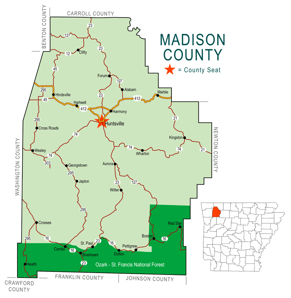 "Madison County" map with borders roads cities national forest