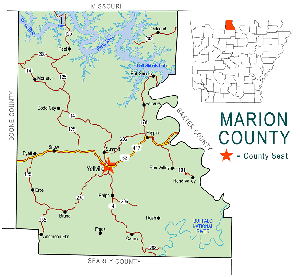 "Marion County" map with borders roads cities waterways