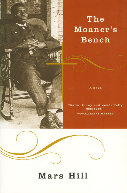Book cover African-American man sitting in a rocking chair with white text on orange background "The Moaner's Bench"