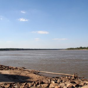 View from shore across river with tree covered shore in the background under blue skies
