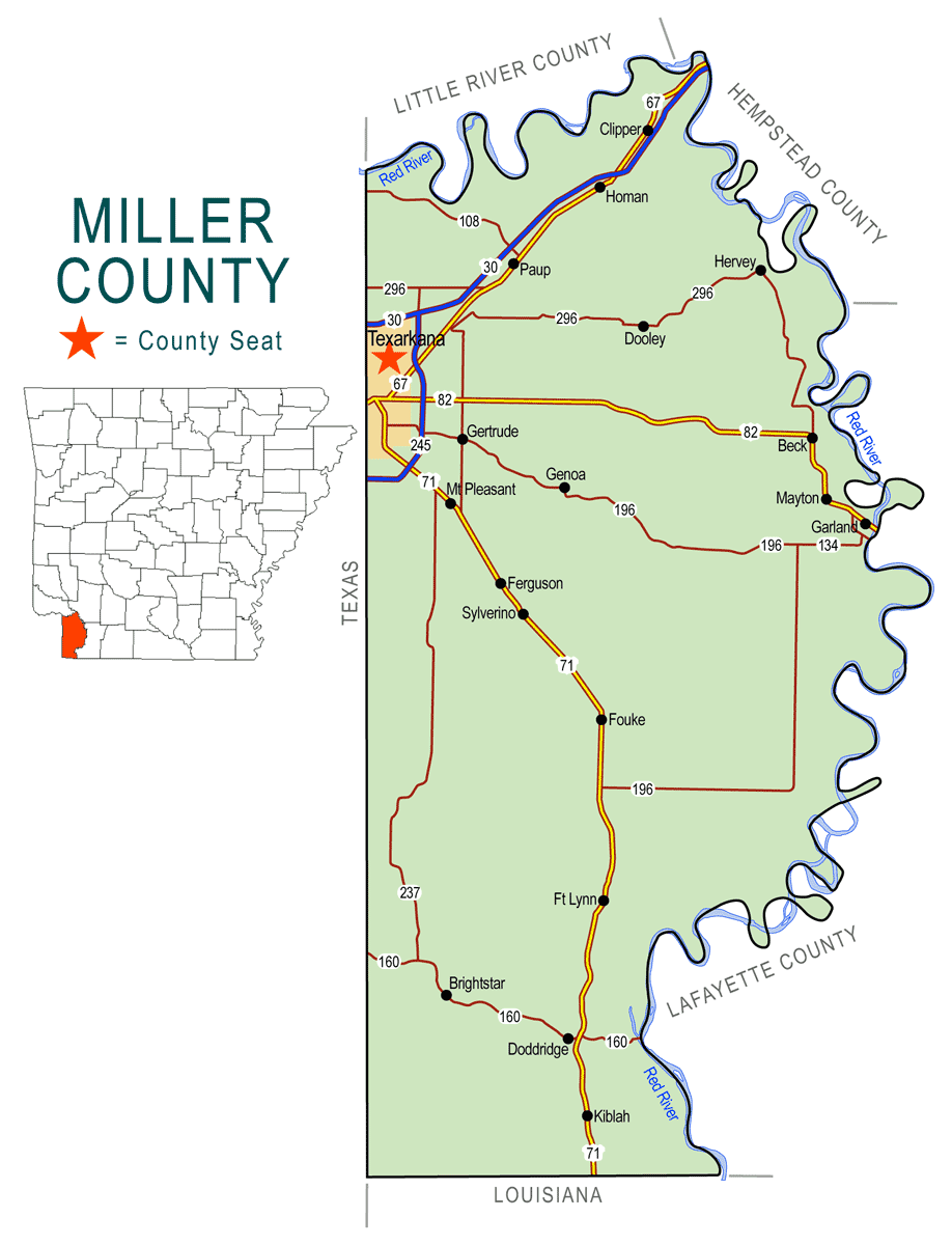 "Miller County" map with borders roads cities river