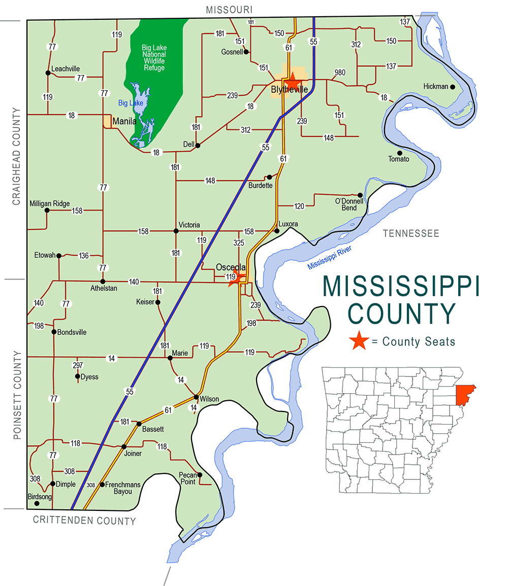 "Mississippi County" map with borders roads cities waterways