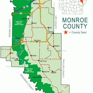 "Monroe County" map with borders roads cities river national wildlife refuge