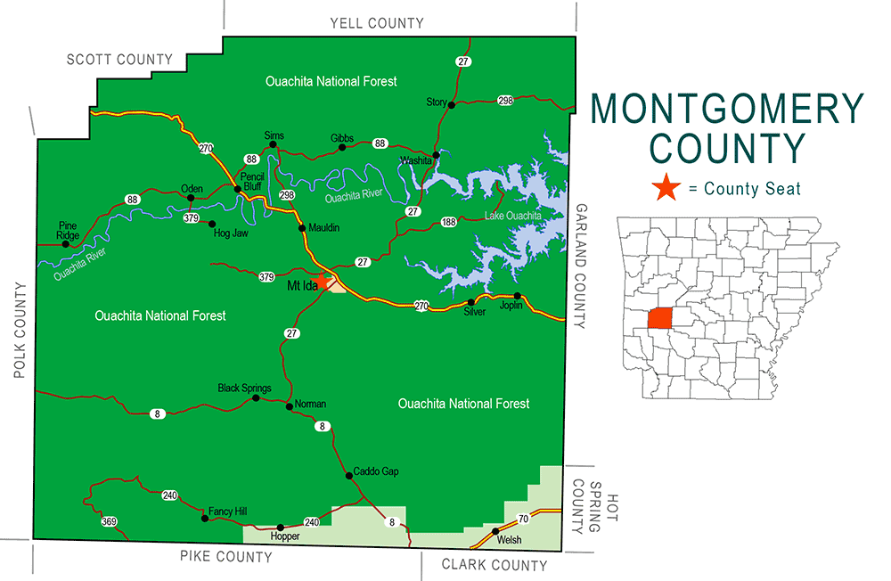 "Montgomery County" map with borders roads cities national forest waterways