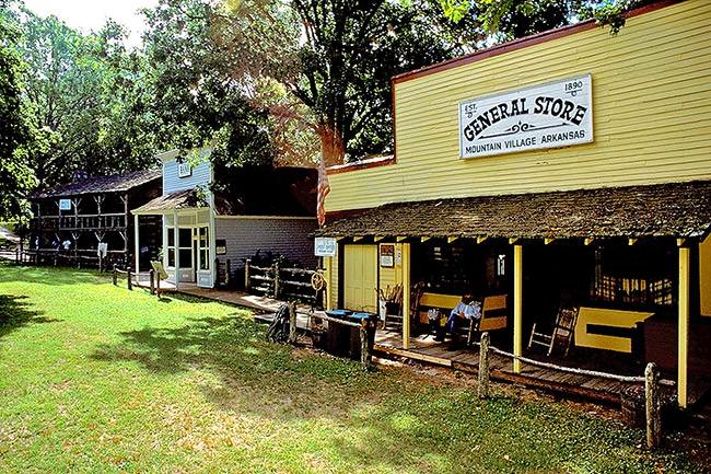 Western style store fronts on grass