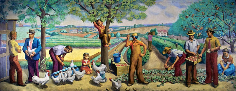 Painting of mixed group of people working on a farm, picking apples, feeding chickens, and more