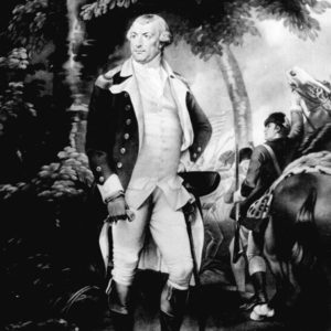 Portrait revolutionary soldier white man in wig standing soldiers horse and forest behind