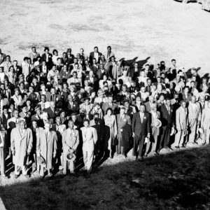 Group of African-American men and women in formal clothing standing together on grass